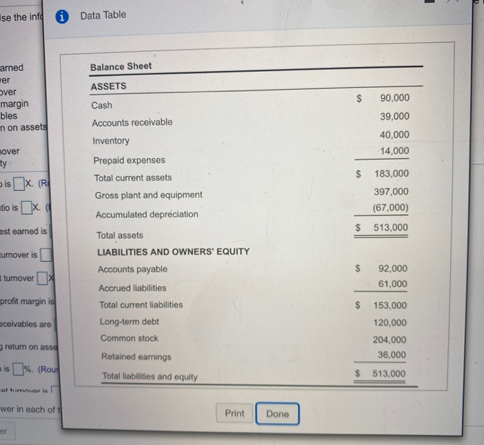 statement in the popup window, to calculate the following ratios: a. Current