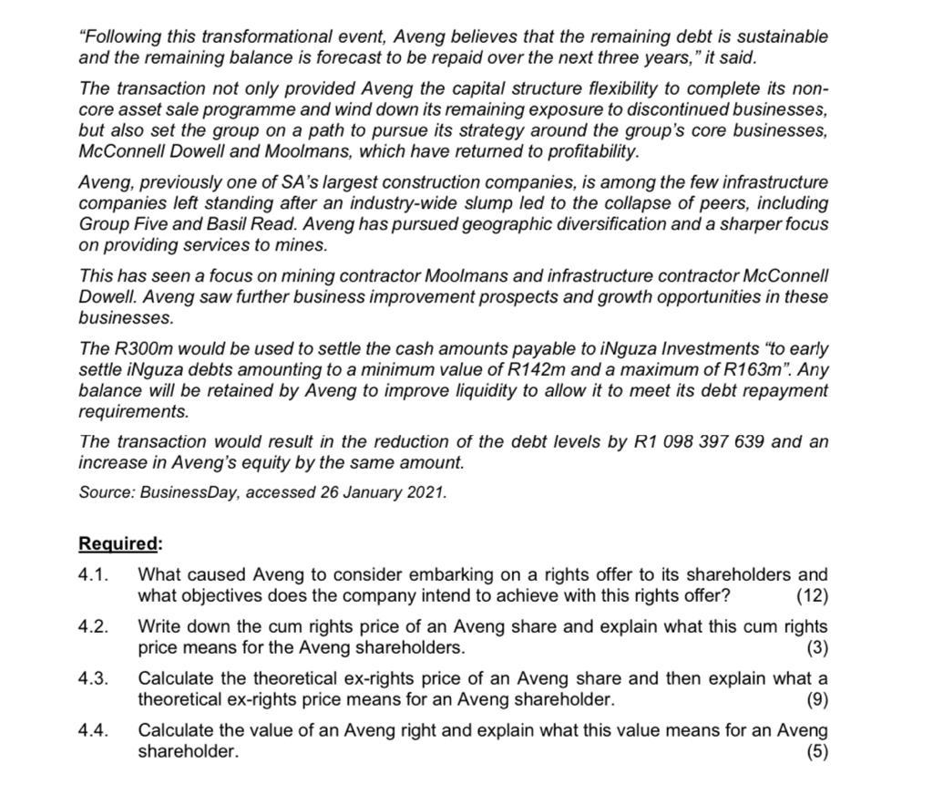 rights offer by Aveng: Aveng to raise R300m through rights offer Infrastructure