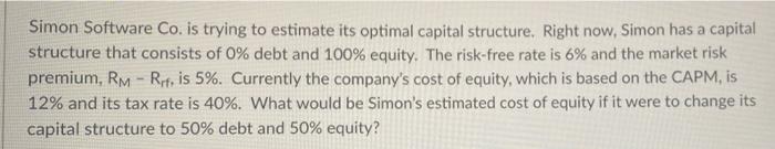  Simon Software Co. is trying to estimate its optimal capital structure.