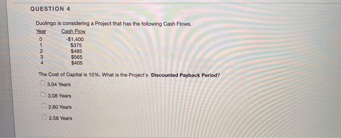  QUESTION 4 Duolingo is considering a Project that has the following