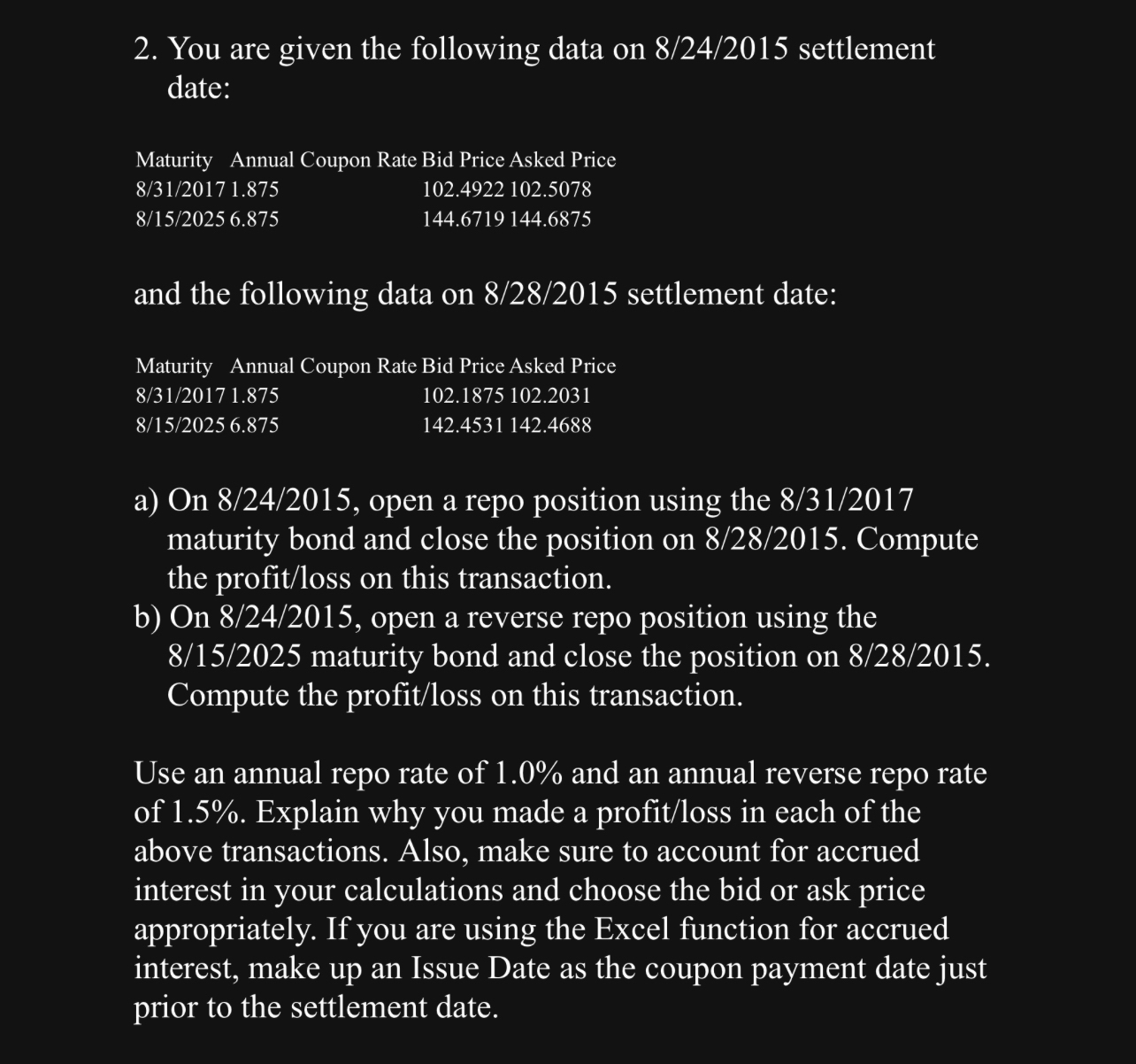  You are given the following data on 824?2015 settlement date: Maturity