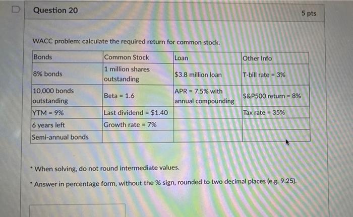  Question 20 5 pts WACC problem: calculate the required return for