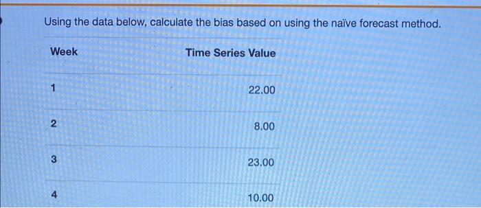  Using the data below, calculate the bias based on using the