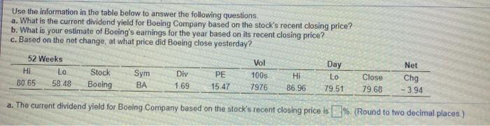  Use the information in the table below to answer the following