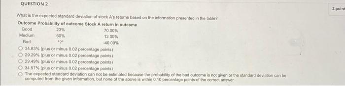  2 point QUESTION 2 What is the expected standard deviation of