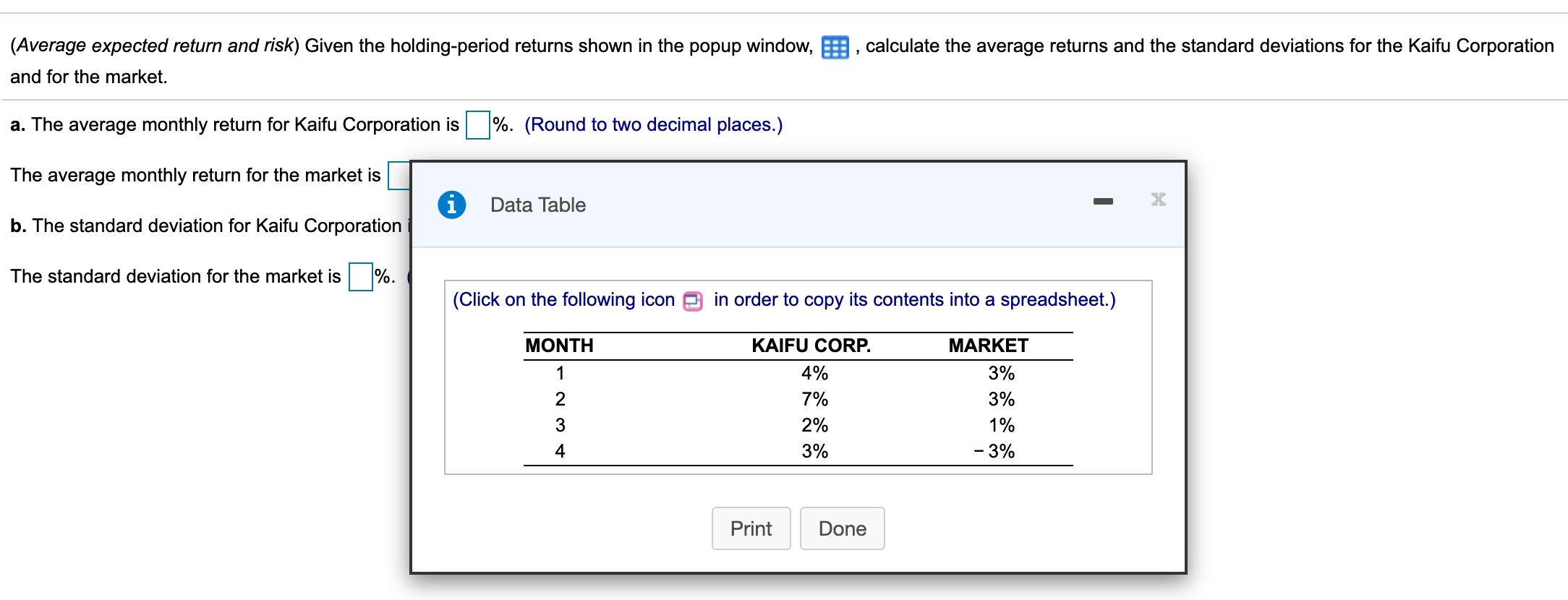 Corporation (Average expected return and risk) Given the holding-period returns shown in