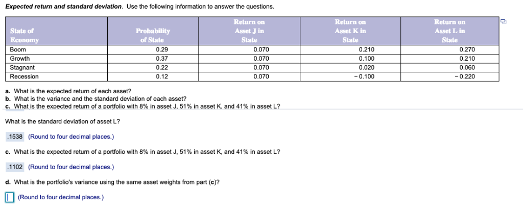 Expected return and standard deviation. Use the following information to answer