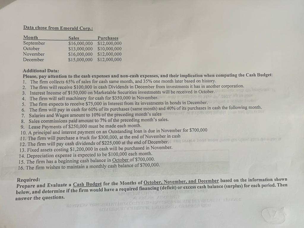  Data chose from Emerald Corp.: Additional Data: Please, pay attention to