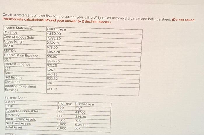  Create a statement of cash flow for the current year using