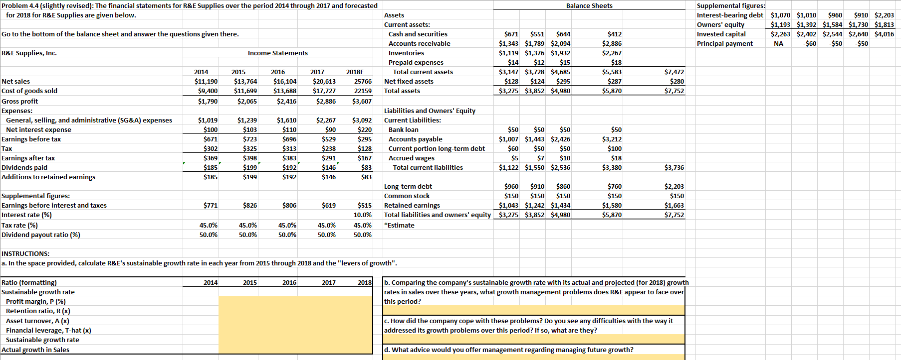 Balance Sheets Problem 4.4 (slightly revised): The financial statements for R&E