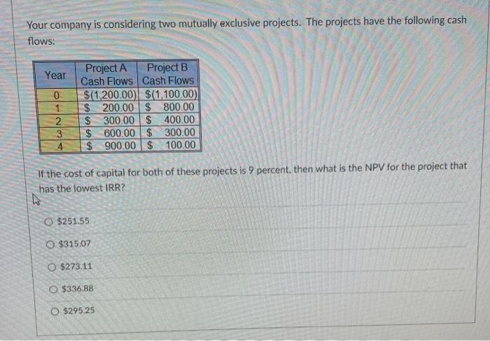  Your company is considering two mutually exclusive projects. The projects have