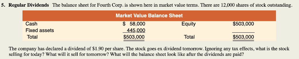 5. Regular Dividends The balance sheet for Fourth Corp. is shown