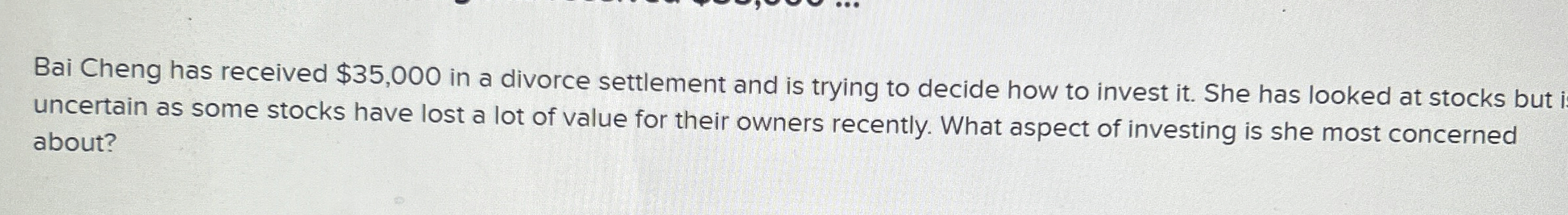  Bai Cheng has received $35,000 in a divorce settlement and is