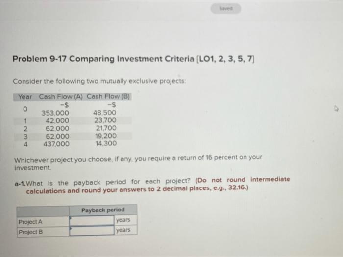  Saved Problem 9-17 Comparing Investment Criteria (L01, 2, 3,5,7) Consider the