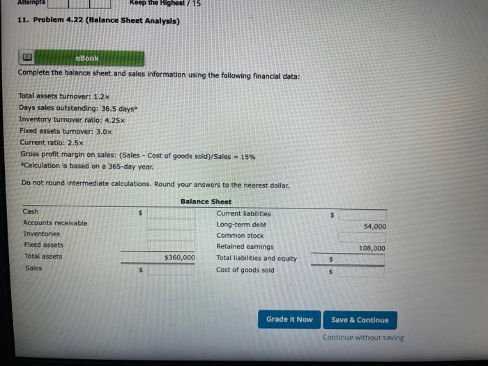 Attempt Keep the Highest / 15 11. Problem 4.22 (Balance Sheet