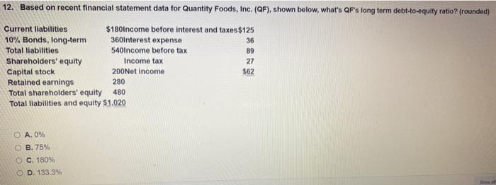  12. Based on recent financial statement data for Quantity Foods, Inc.