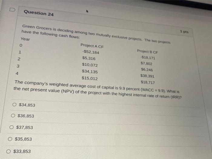  D Question 24 Green Grocers is deciding among two mutually exclusive