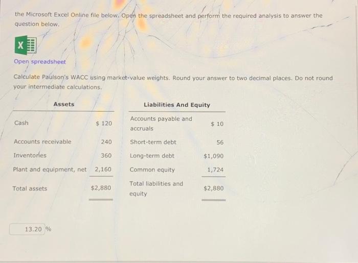 the required analysis to answer the question below. Open spreadsheet Calculate Paulson's