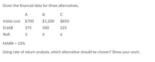  Given the financial data for three alternatives, . Initial cost $700