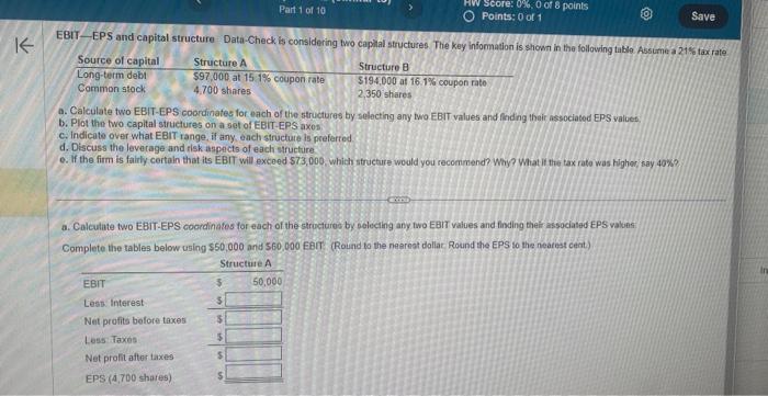  EBIT-EPS and capital structure-Data-Check is considering two capilal structures The key