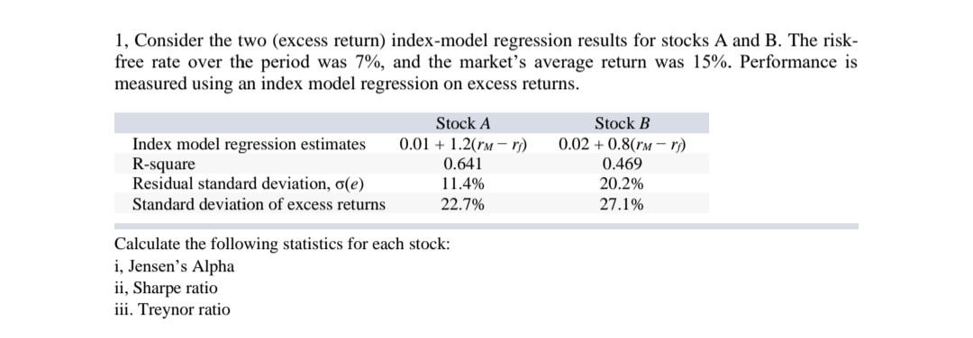 1, Consider the two (excess return) index-model regression results for stocks