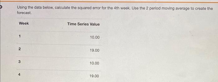  Using the data below, calculate the squared error for the 4th
