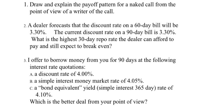  1. Draw and explain the payoff pattern for a naked call