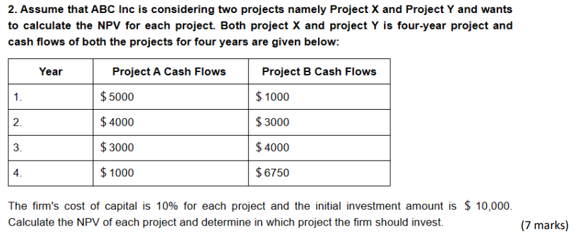 2. Assume that ABC Inc is considering two projects namely Project