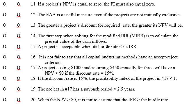 True False O Q 11. If a project's NPV is equal to
