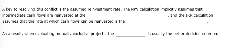 of return (IRR) Modified internal Rate of Return (MIRR) Required rate of