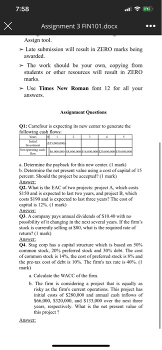 3 FIN101.docx Assignment 3 FIN101 Coune Name: Principles of Finance Student's Name