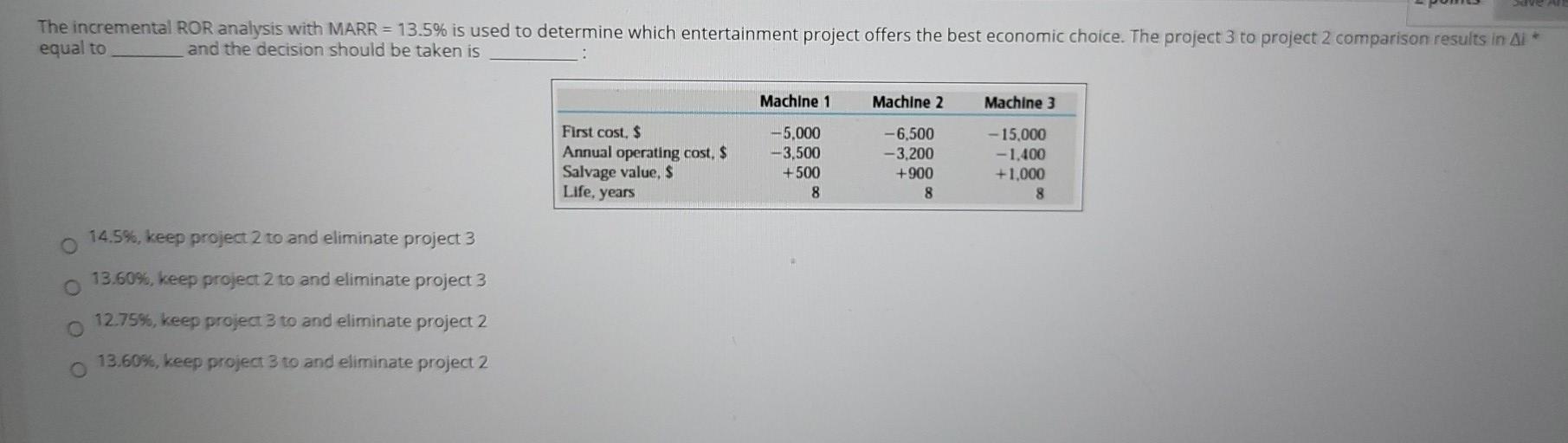 The incremental ROR analysis with MARR = 13.5% is used to