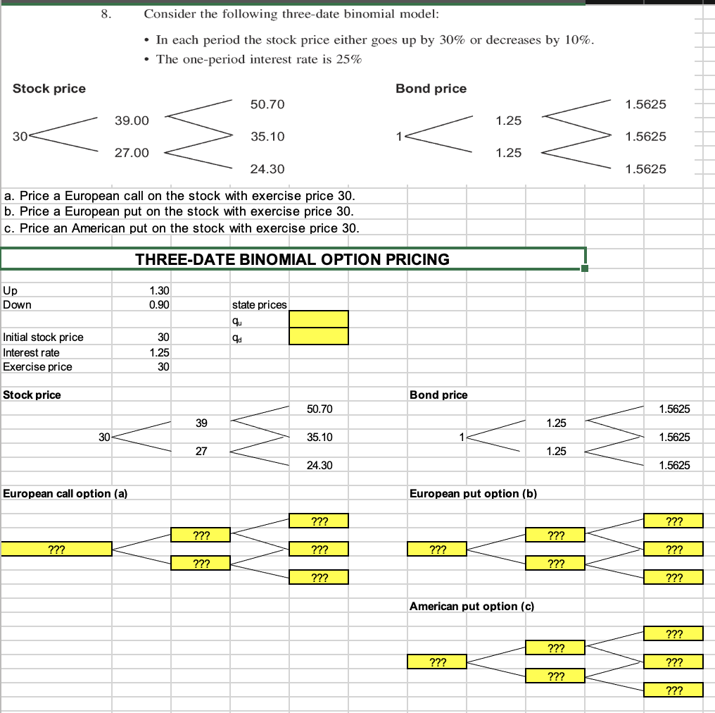 8. Consider the following three-date binomial model: - In each period