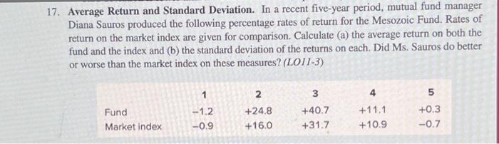  17. Average Return and Standard Deviation. In a recent five-year period,
