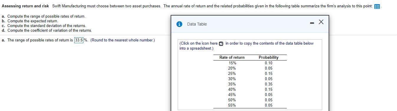 Assessing return and risk Swift Manufacturing must choose between two asset