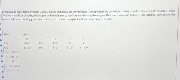  Yonan Inc. is considering Projects Sand L, whose cash flows are