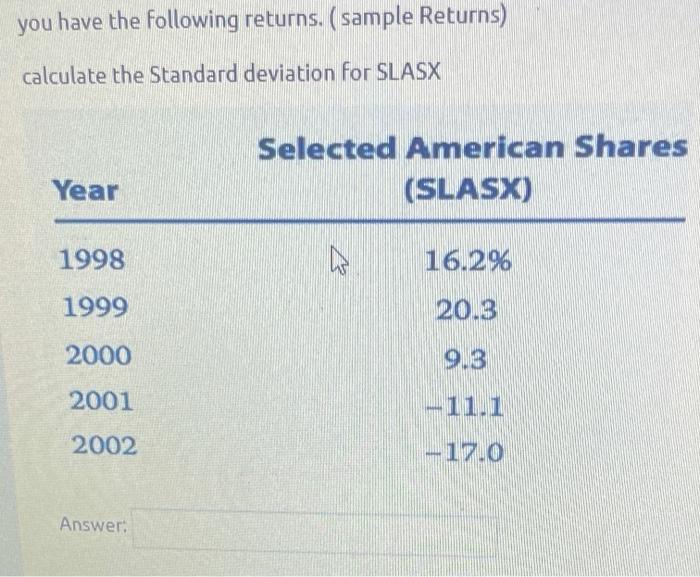  you have the following returns. ( sample Returns) calculate the Standard