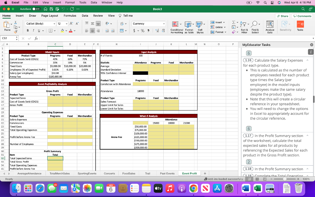 7 M N 0 P MyEducator Tasks Event Profit Merchandise A B