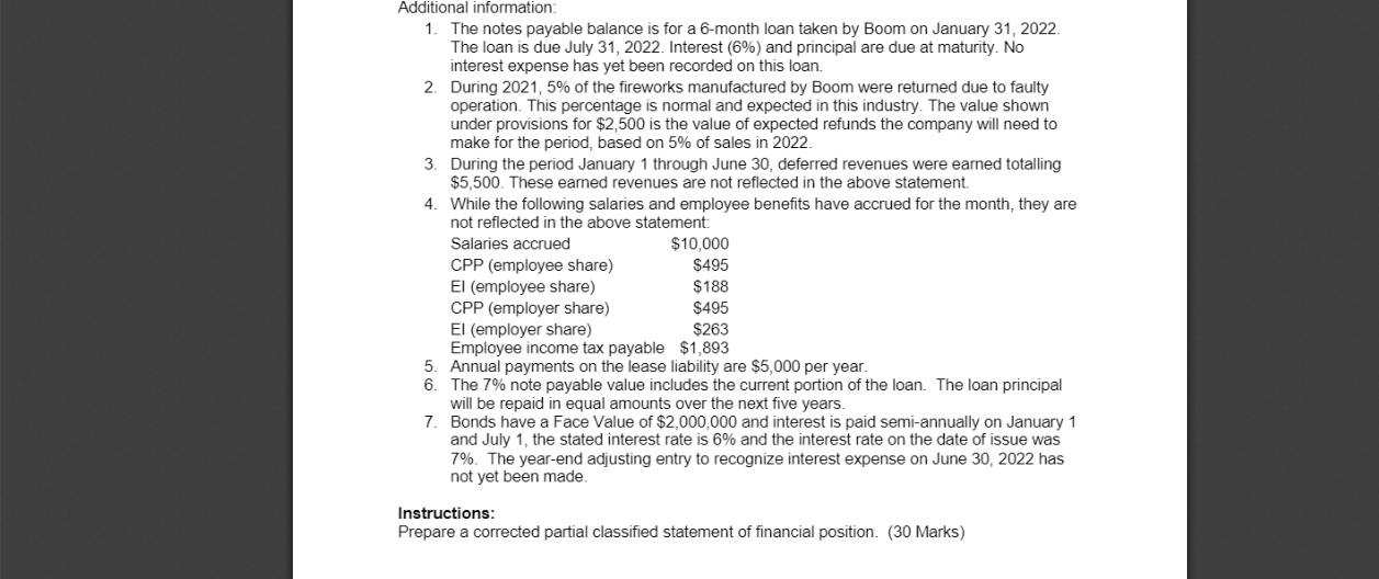undefined Additional information: 1. The notes payable balance is for a 6-month