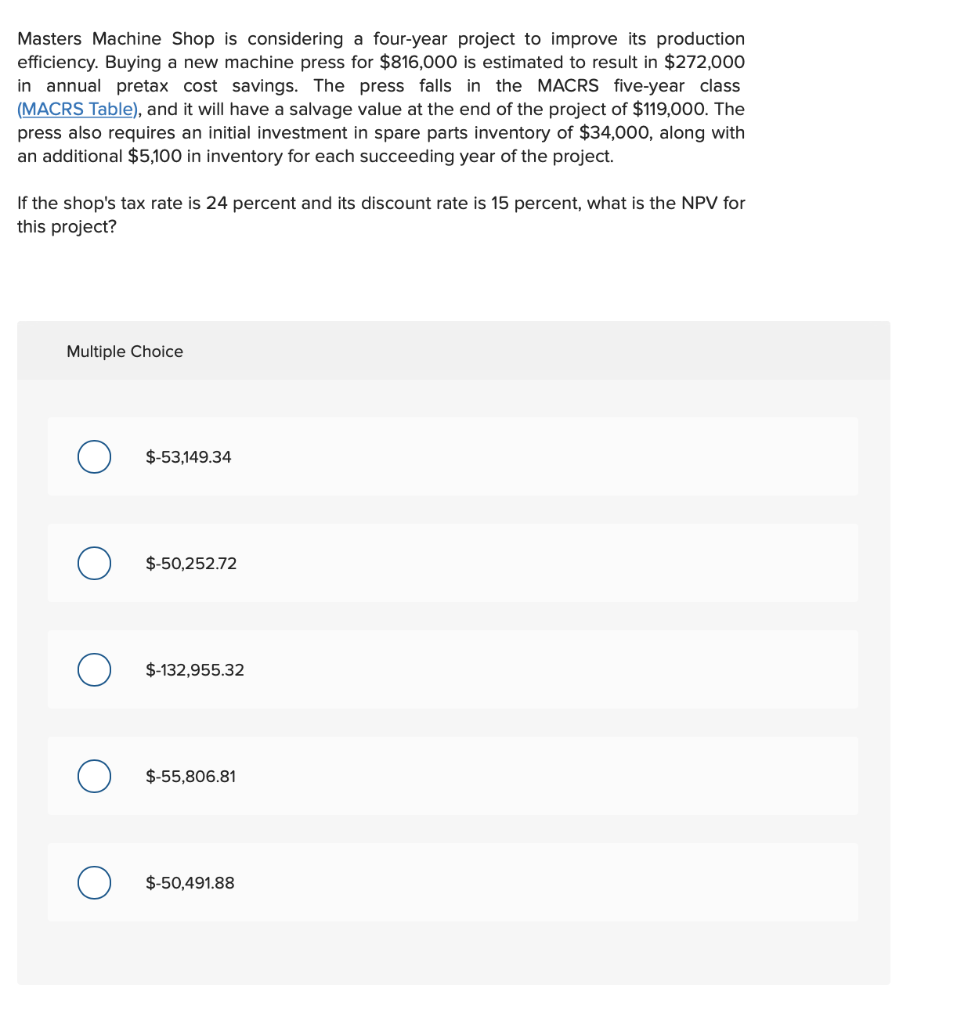 Masters Machine Shop is considering a four-year project to improve its