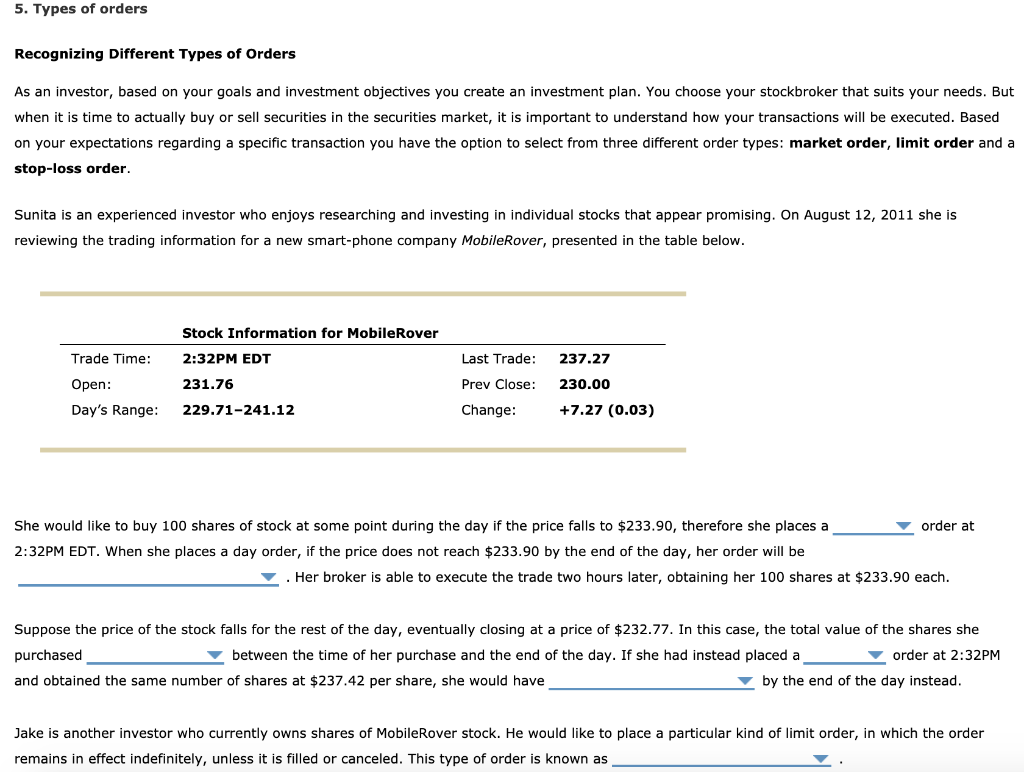 DROP DOWN OPTIONS 1. (market / limit) 2. (carried over to the