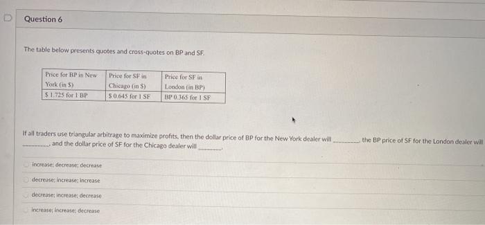  Question 6 The table below presents quotes and cross-quotes on BP