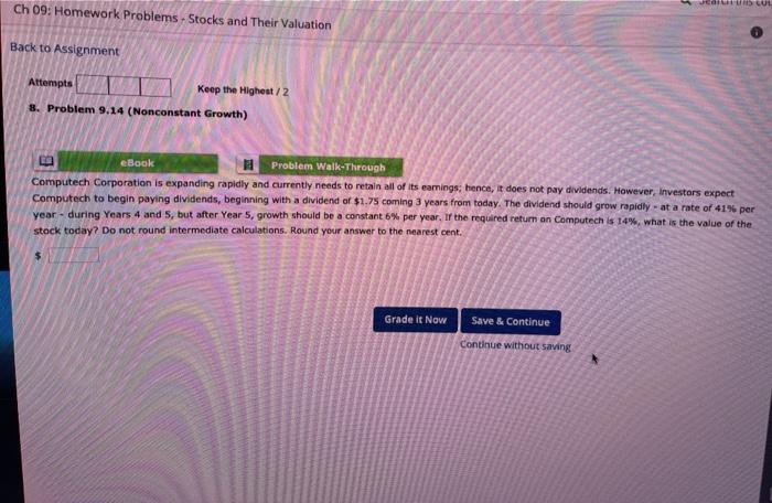  Ch 09: Homework Problems - Stocks and Their Valuation Back to
