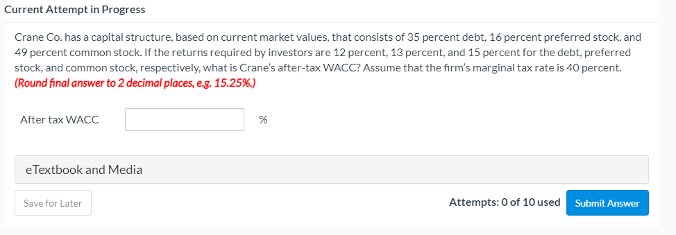 Current Attempt in Progress Crane Co. has a capital structure, based