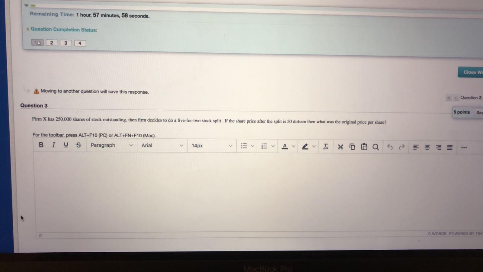 Remaining Time: 1 hour, 57 minutes, 58 seconds. Question Completion Status: