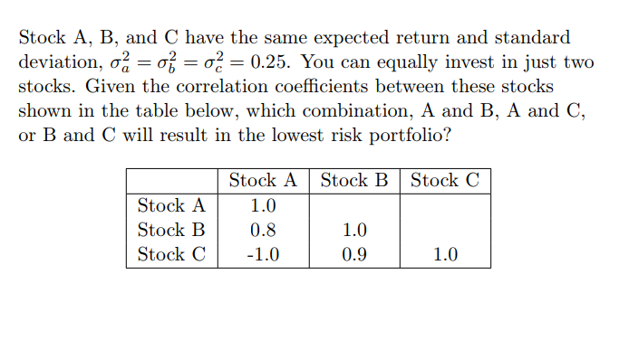 Stock A, B, and C have the same expected return and