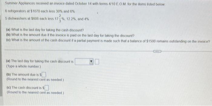 plz solve this Summer Applances received an invoice dated October 14 with