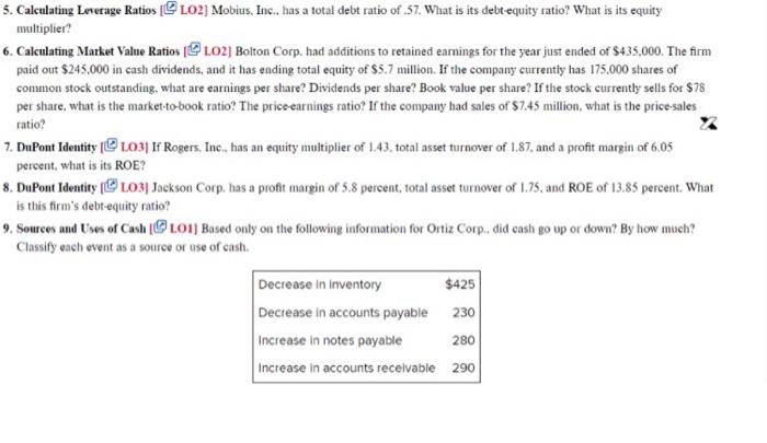 answer the following questions 5. Calculating Leverage Ratios LO2) Mobius, Inc., has