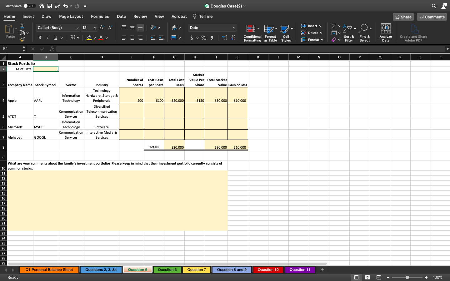 (Question 1 Personal Balance Sheet, questions 2,3,4 Ratios, Question 5 Common Stock