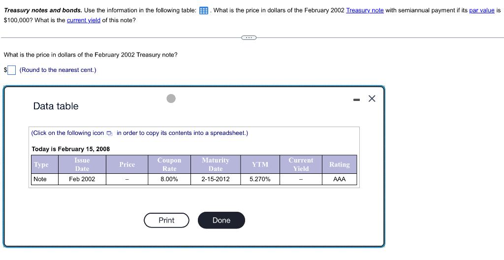  Please find out price and current yield. Treasury notes and bonds.